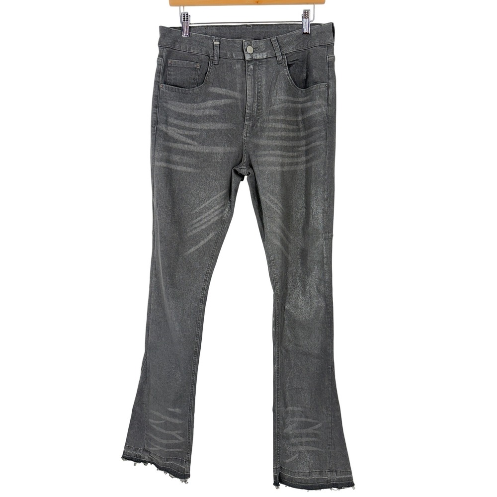 Flaneur Homme Mens Metallic Silver Coated Grey Denim Jeans Raw Hem Size 32